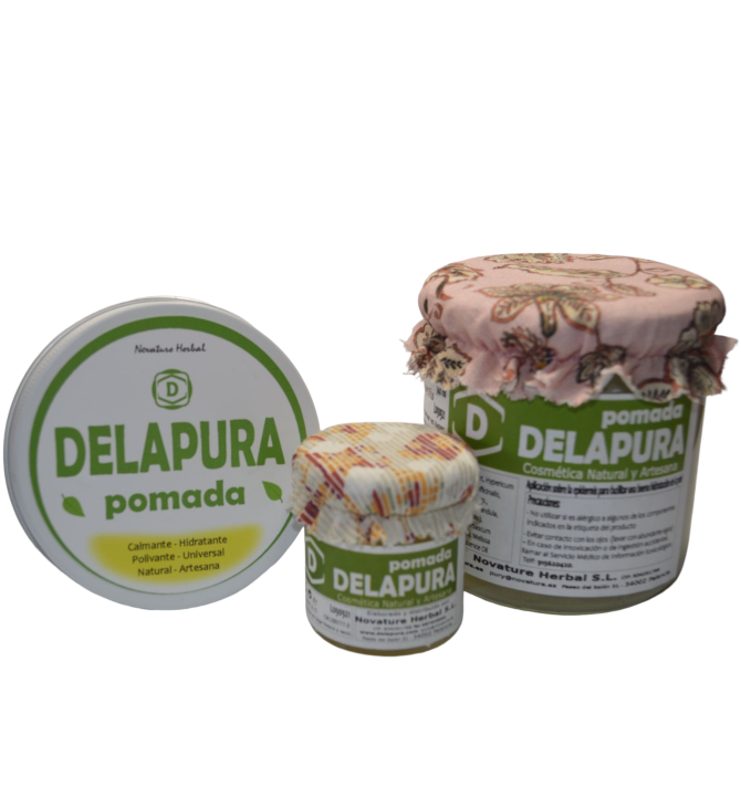 Pomada DELAPURA en sus tres tamaños: 41 ml, 100 ml y 340 ml